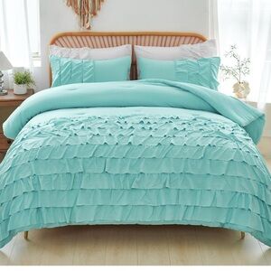Twin size Luxurious Ruffled Comforter in Turquoise Blue.